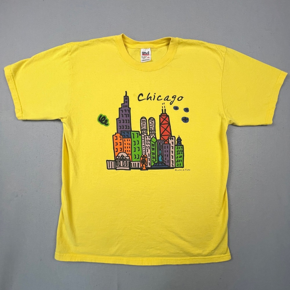 VTG Anvil Chicago Skyline T-Shirt Mens XL Yellow Luke-A-Tuke Art Souvenir